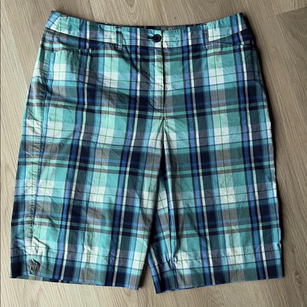 AK Sport 10 Plaid Walking Shorts Blue/Green Golf Preppy Stretch Bermuda Classic